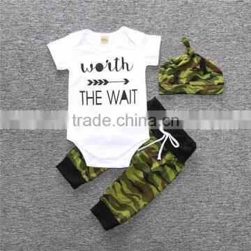 S17479A 2017 Army Green Newborn Baby Boy Clothes Romper T-Shirt Long Pants And Hat Outfits photo-3