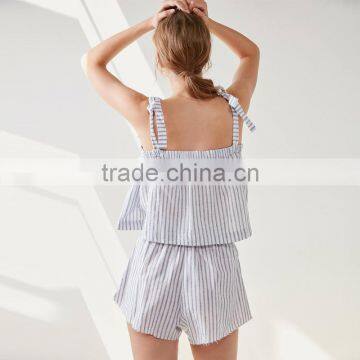 Two Piece Tie Shoulder Casual Women Linen Tank Top and Shorts Clothing Set photo-2