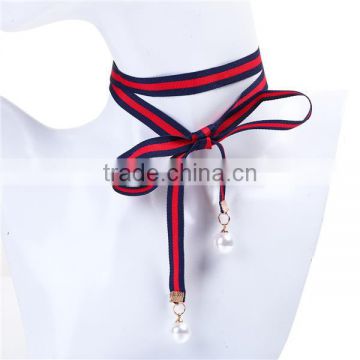 Canvas Acrylic Imitation Pearl Multifunction Skinny Scarf Red Navy Blue