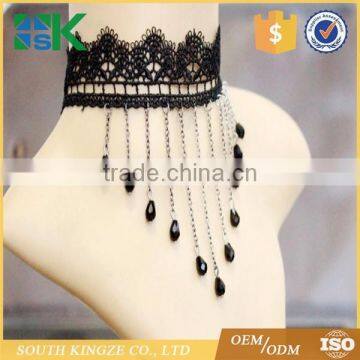 Modern Lace Black Crystal Water Drop Tassel Necklace Chain Small Court Dress Necklace Lace up Choker photo-2
