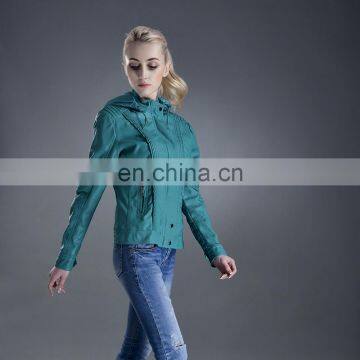 2017 Fashionable Ladies Leather Jacket With Cap PU Washed Women Bomber Jacket photo-3