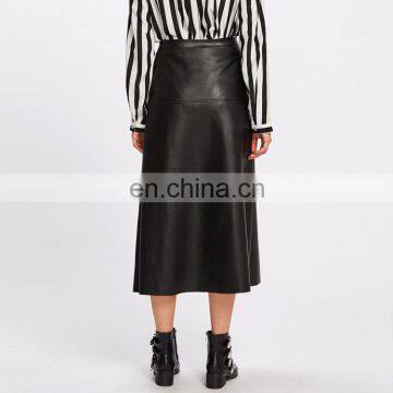 Fashion Ladies High Waist A-Line Button Up Long PU Leather Midi Skirt photo-3