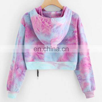 Purple Tie Dye Printing Short Hoodies Sweatshirt Women Casual Drawstring Thin Pullover Autumn Female Girl Long Sleeve Tops photo-4