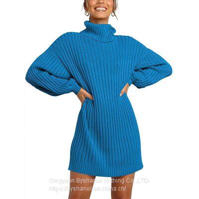 SW07 Women Turtleneck Long Lantern Sleeve Sweater Dress Winter Casual Loose Knit Oversized Pullover Dresses photo-4