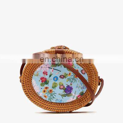 New Design Blue Rattan Bag With Fabric Flower Pattern Wholesale