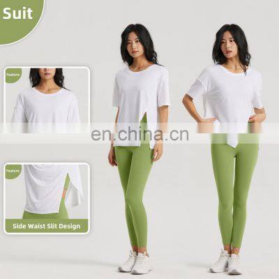 Mesh Side Slit Womens Sports Wear Gym Tshirts Top Selling O Neck Polyester Smocked Tops photo-4