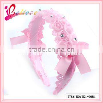 Factory direct wholesale handmade no fade fabric ribbon bow rose flower hairband for kids (TK1-0984)