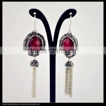 LFD-057E Wholesale Pave Rhinestone Crystal Oval Agate with Tassel Chains Dangle Earrings Jewelry Finding For Women