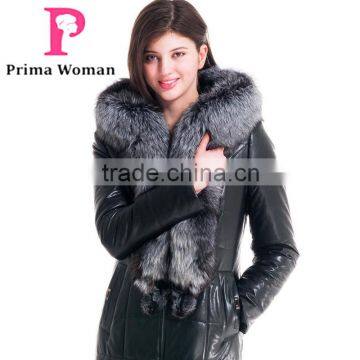 2015 Winter Medium Length Women Leather Jacket With Brown Fox Hat Overcoat photo-4