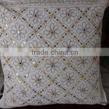 Mirror Work Cushion Cover, Zari Work Outdoor Cushion , Traditional cushion covers, 40 x 40 Cms Size, Zari & hand Mirror Work Cus