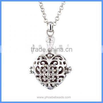 Angel Prayer Heart Shape Rhinestones Metal Hollow Cage Chime Box Musical Sound Bell Pendant Lucky Pregnancy Necklaces BAC-M058