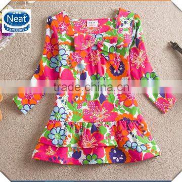 (L335) 2-6y Neat branded children garments girls party flower dress long sleeve dresses kids girl fashionable frocks