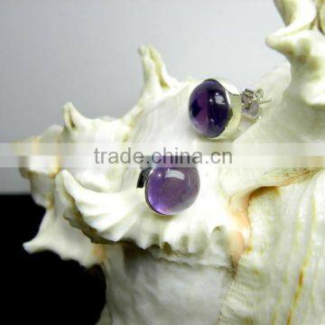Amethyst Round Bezel Cabochon Stud Earrings, 925 Solid Sterling Silver Earrings, Designer Stud Earrings
