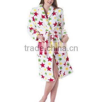 Women's Cutie Print Coral Fleece Wrap Robe--White/Star