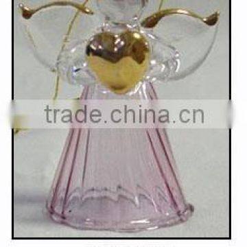 Chirstmas Pink Hanging Glass Angel with Golden Hearts