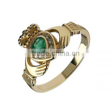 SRR0121 Fashion Jewelry 2015 Gold Plated Green Rhinestone Crowned Heart Ring Stainless Steel Claddagh Ring