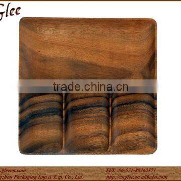 12" square tray with 4 section wooden tray for food