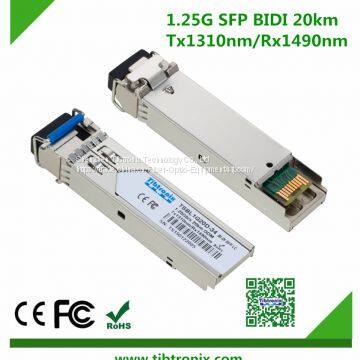 1.25 Гбит/с, 20 км, LC двунаправленный SFP-трансивер, горячая замена, один LC-порт, +3.3 В, 1310 нм передача/1490 нм прием, одномодовый, DDM