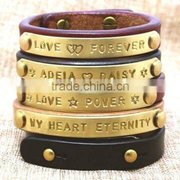 Metal Logo Tag Leather Bracelet Bangle Custom Letter Stamped Charm Leather Bangle Bracelet Promotion Leather Bracelet photo-2