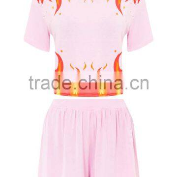 Custom Design Women Flame Print Baby Pink PJ Set Cotton Short Pajamas Summer Nightwear photo-4