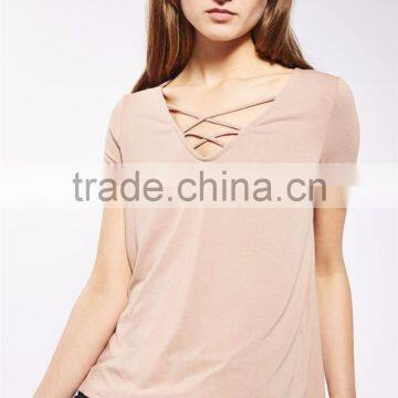 MGOO New Launched 100% Cotton Cross Straps V Neck Women T Shirts Plain Longline Loose Fit T-shirt photo-2