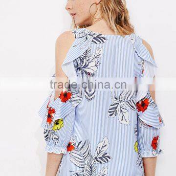 Frill Design Cold Shoulder Blue Stripe Top Ladies Floral Casual Blouse photo-6
