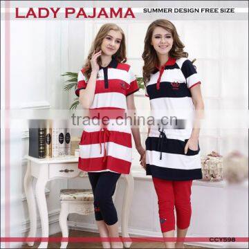 2015 pyjamas women summer polo collar yarn dyed striped pyjamas for women