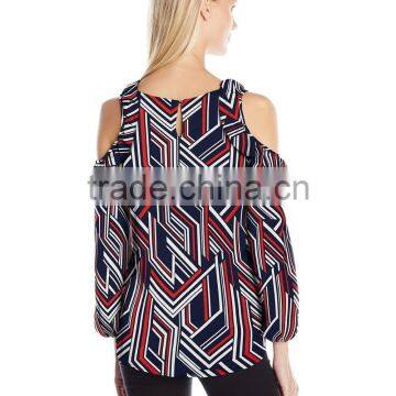 Women's Printed Long Sleeve Scoop Neck Cold Ruffle Shoulder Blouse photo-4