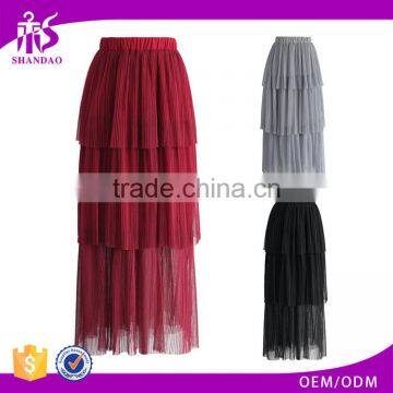 2016 Guangzhou Shandao Supplier Latest Model Good Quality Women Summer Casual 3 Layers Pleated Red Long Chiffon Skirt