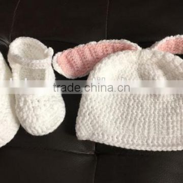 Cute Infant Newborn Baby Girl Boy Hand Knitted Crochet Bunny Ears Hat Shoes Costume Set Baby Photograph Props