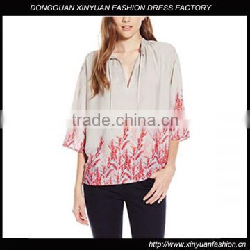 Womens 3/4 Sleeve Printed Top lady casual blouse designs chiffon blouse