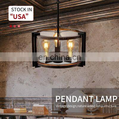 HUAYI High Quality Retro Style Villa Home Indoor Decoration Iron Wood E26 60W Ceiling Pendant Lamp