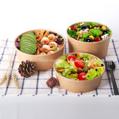 Factory customization food grade 1300ml Brown Paper round Salad Bowl with Lids