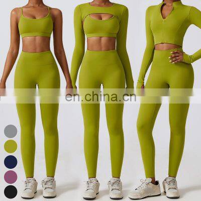 High Quality Sportswear 3 Piece Suit Quick Dry Breathable Women Clothing Gym Fitness Sets Sports Bra Crop Top Leggings Yoga Set
