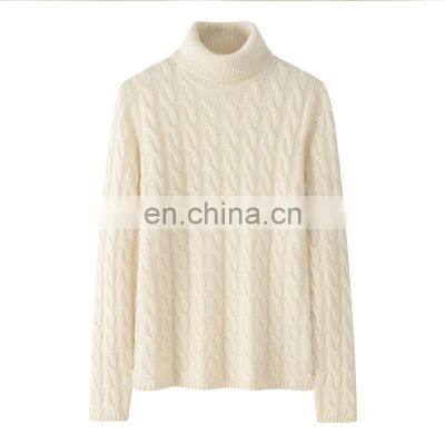 Custom Ladies Cable Knit Turtleneck Sweater 100% British Style Solid Cashmere Winter Casual with Front Logo