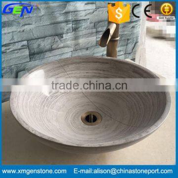 Natural Polished Wooden Vein Marble Round Bathroom Sink