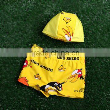 Promotional fashion yellow cartoon red birds little boy swimming trunk cap with kids bathing swimwear child swimming shorts