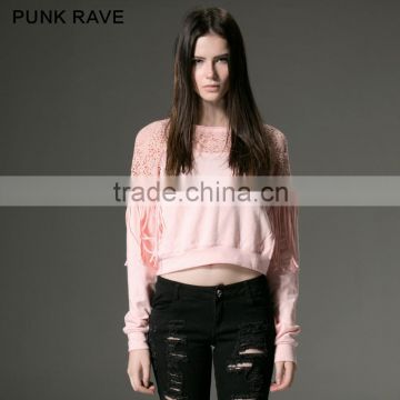 PT-045 Tassel Splicing Cut-Out O-neck Cotton Long Sleeves T-shirt