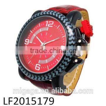 big dial sporty alloy case, red leather strap men watch