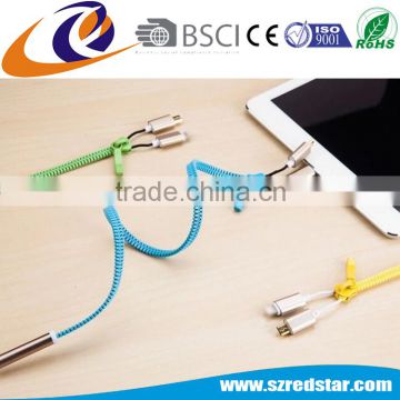 China Factory Supplier Colorful Zipper USB Cable 2in1 USB Power and Data Cable Zipper