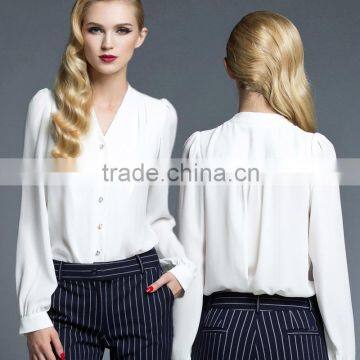 Women British Style Chiffon V-neck Button Tops Casual Long Sleeve BlousOEM ODM Type Clothing Factory Manufacturer From Guangzhou