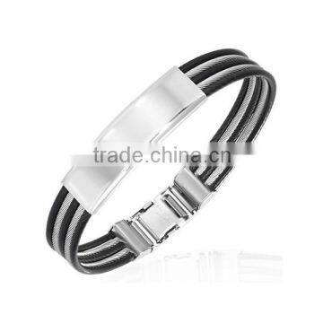 High Quality Jewelry Men's Stainless Steel Wire & Black Rubber ID Bangle 2014 World Cup Jewelry