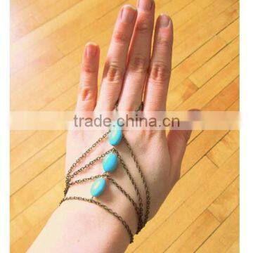 Trendy Boho Finger Ring Turquoise Harness Slave Chain Hand Bracelet photo-4