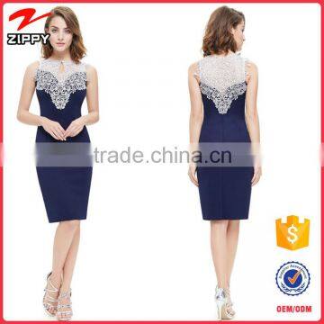 New arrival Women evening wear sleeveless navy blue bodycon dress with lace trims