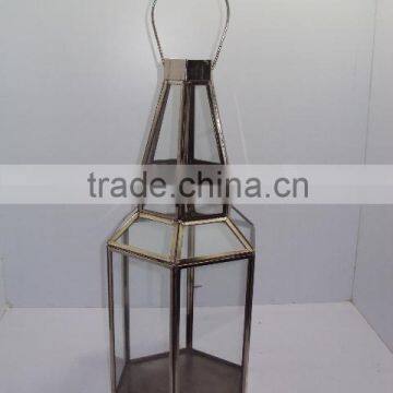 Iron & Glass Lantern Pentagon Shape Nickel Plated