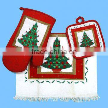 3pc Pigment Printing Towel With Fringe Cheese Holder Set Rooster Design Glove Set photo-4