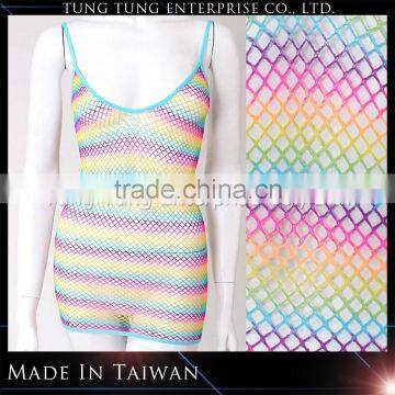 Rainbow striped fishnet dress