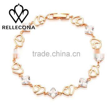 Rellecona (TM) tennis bracelet square clear cubic zirconia heart shape yellow gold plated wedding jewelry 7.5''