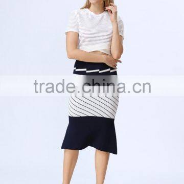 2016 New Arrival White & Black Stripe Knitted Crop and Fishtail High Waist Knitted Skirt Co-ord Set photo-4