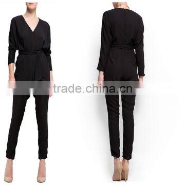 Ladies Fashion Black Long Sleeve Chiffon Jumpsuit with belt